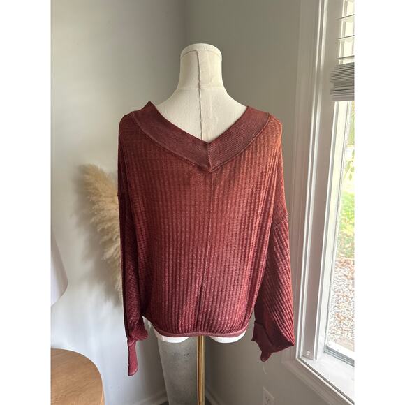 Free People South Side Thermal Top Size XS Burgundy Waffle Knit Slouchy V-Neck - Picture 6 of 8